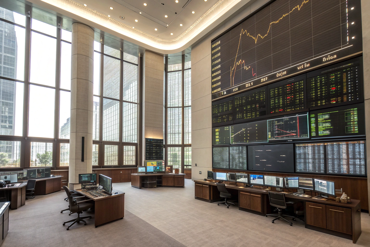 Фото офиса хедж-фонда с графиками на стенах