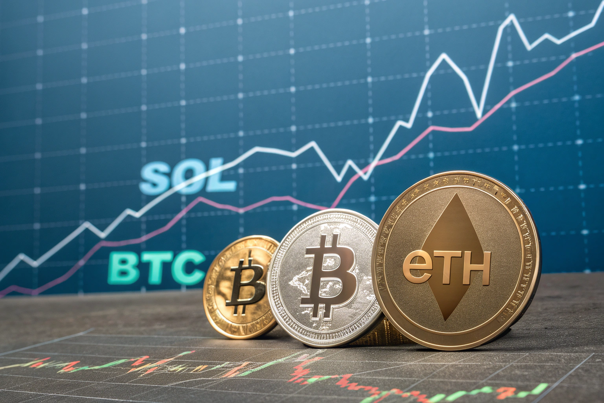 Коллаж крипто-монет (BTC, ETH, SOL) 