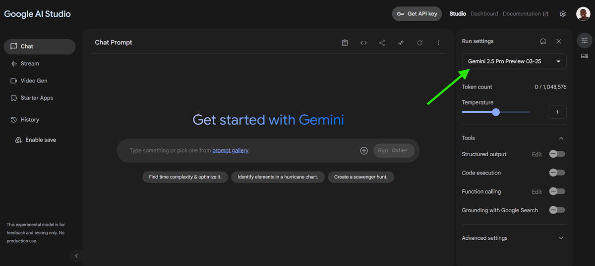  Интерфейс Gemini 2.5 Pro в Google AI Studio