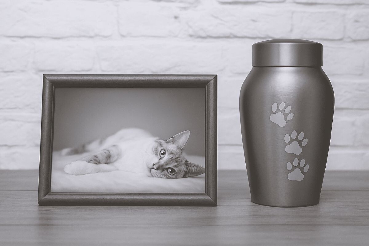 Мемориальная композиция с фотографией кошки и урной