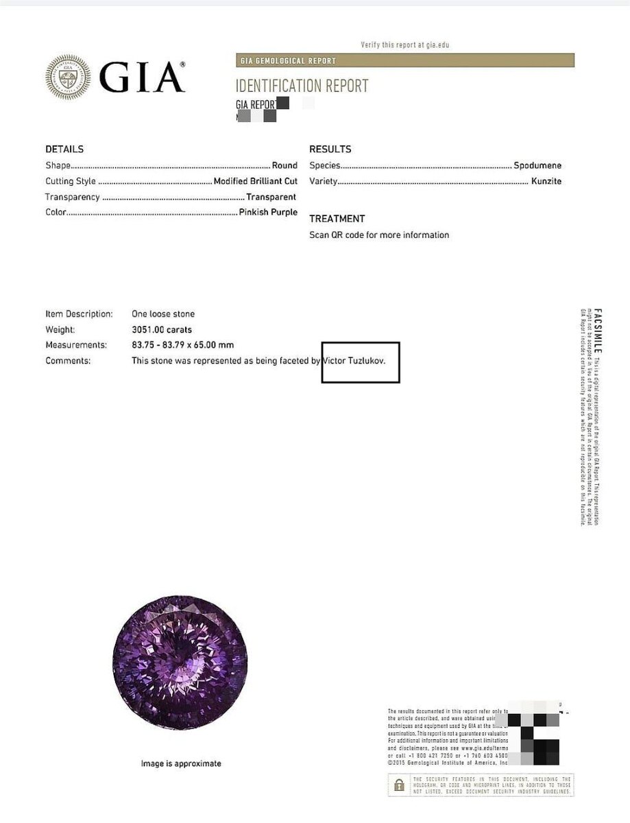 Сертификат GIA к сподумену, в котором впервые официально было внесено имя огранщика. Именно этот камень был первым камнем в книге рекордов Гинесса как "самый большой ограненный..."