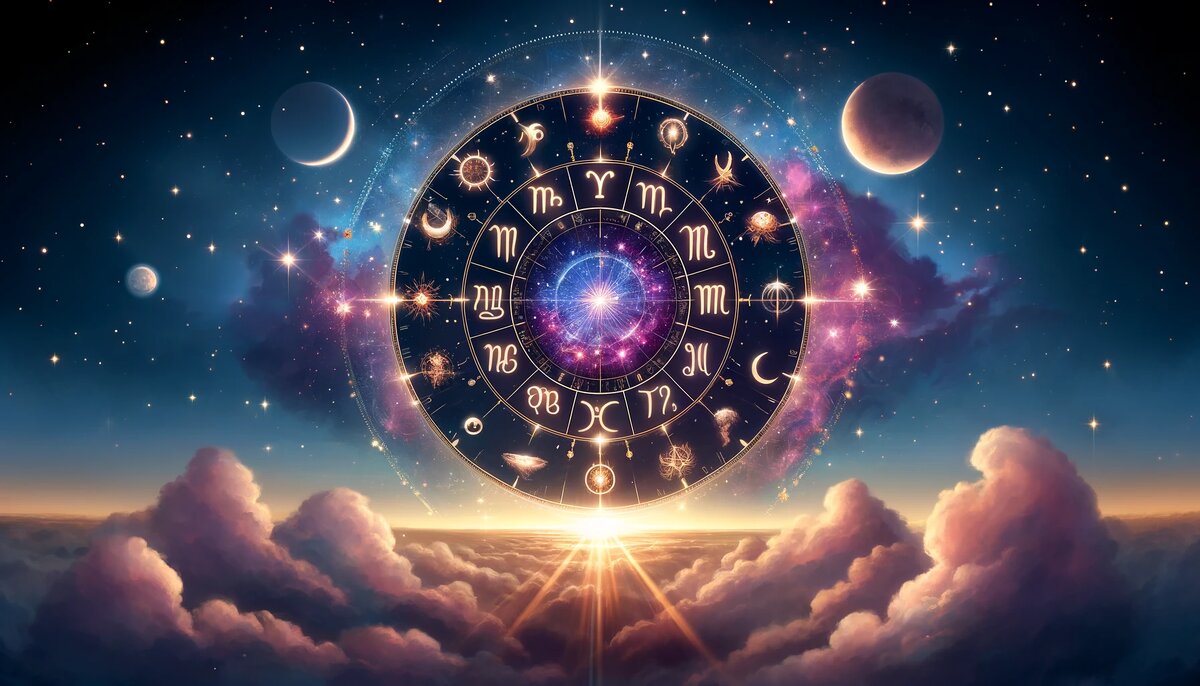 Астрологическая композиция — зодиакальный круг, мистическое небо и восход солнца для гороскопа на неделю с 28 апреля по 4 мая 2025