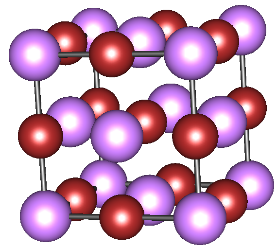 Элементарная ячейка кристалла LiBr. Атомы лития сиреневые, атомы брома коричневые. Файл с кристаллографическими данными взят с сайта https://www.crystallography.net/cod/index.php Структура визуализирована программой Gnome Crystal 0.14.17
