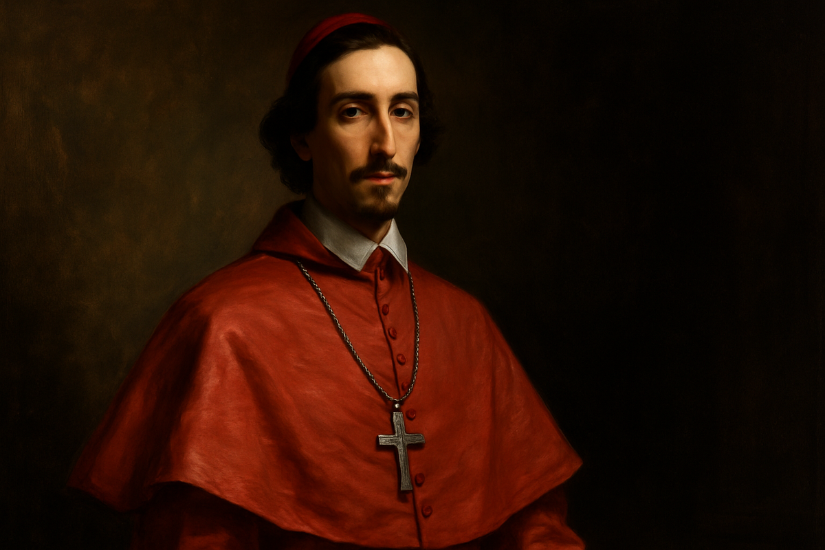 Кардинал Франческо Барберини — молодой прелат в алых бархатных облачениях, с тонкими чертами лица и цепью с серебряным крестом; свет пишет по барочным складкам ткани, подчёркивая его спокойную уверенность.