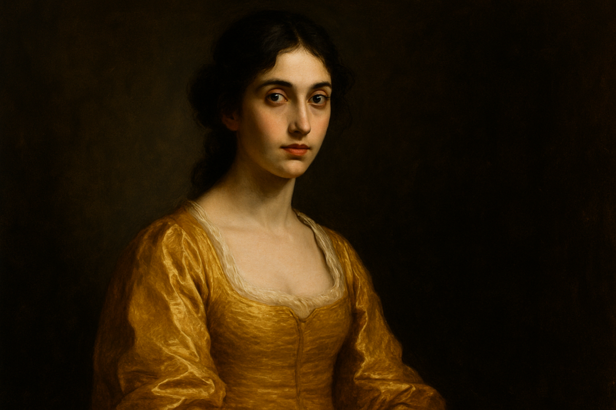 Олимпия Мальдавчина — загадочная римлянка в золотистом шёлковом платье; тёмные глаза и лёгкая полуулыбка выдают сочетание невинности и дерзости, а мягкий свет делает образ почти осязаемым.