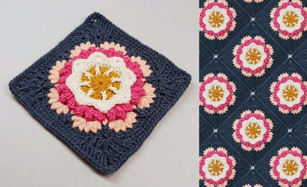    Цветочный бабушкин квадрат крючком #1 в исполнении Вероники Ляхович   
Источник: ravelry.com