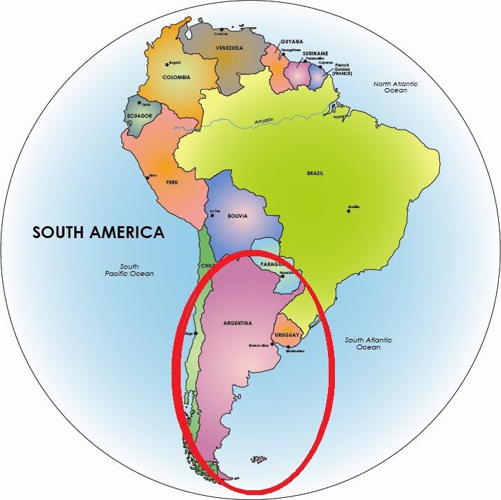 Аргентина на карте Южной Америки
