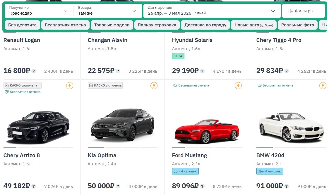 Скриншот с сайта аренды авто