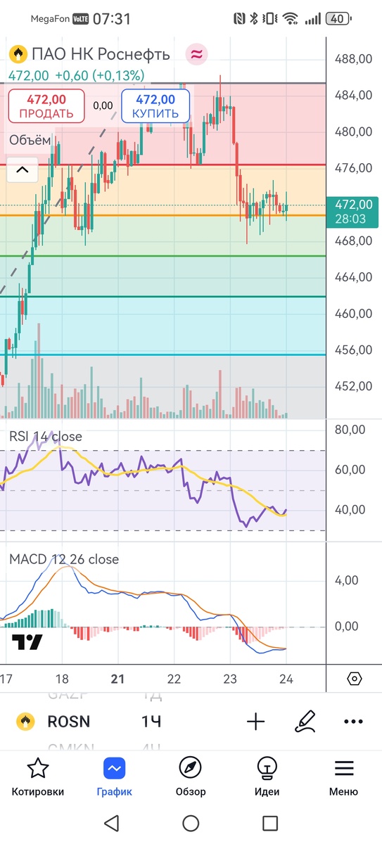 Акции АО Роснефть, часовой таймфрейм 