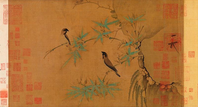 «Зяблики и бамбук». Хуэй-цзун, XII в. Тушь, цветные краски, шелк
