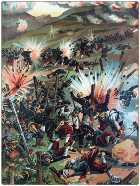 Русский лубок «Проволочные заграждения у Порт-Артура». Издательство И.Д. Сытина