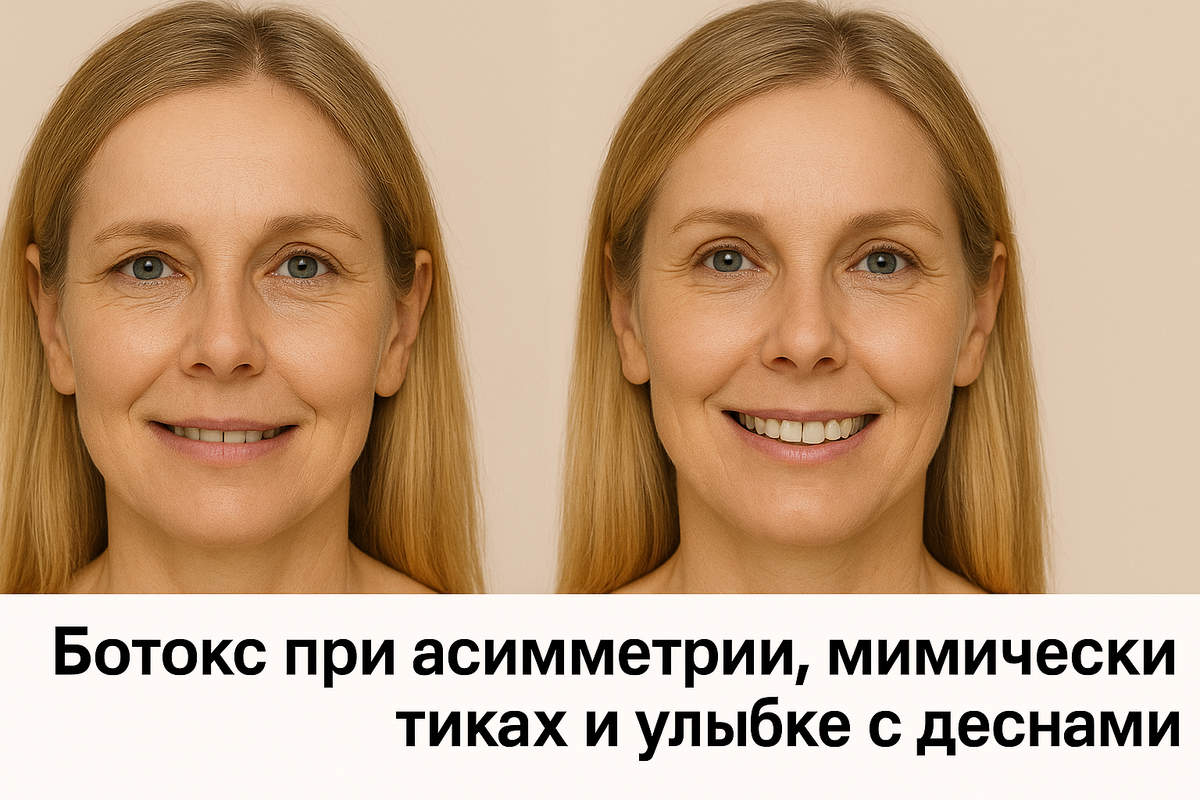 Ботокс при асимметрии, мимических тиках и улыбке с деснами