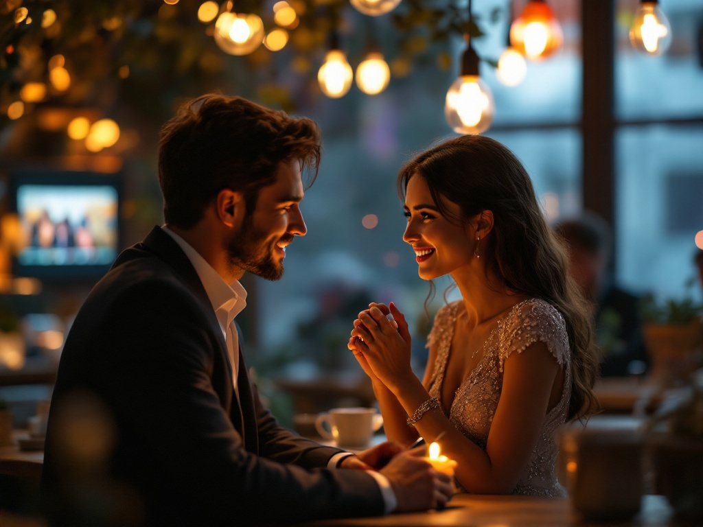 Кульминация проекта “Тысяча свиданий”: Максим делает предложение Еве в прямом эфире, доказывая, что настоящая любовь не укладывается в алгоритмы. /ИИ-арт Надежды Ивановой.