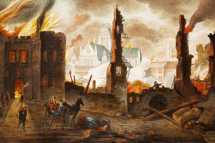 Великий пожар в Лондоне 1666 года, из Топографической коллекции короля Георга III.