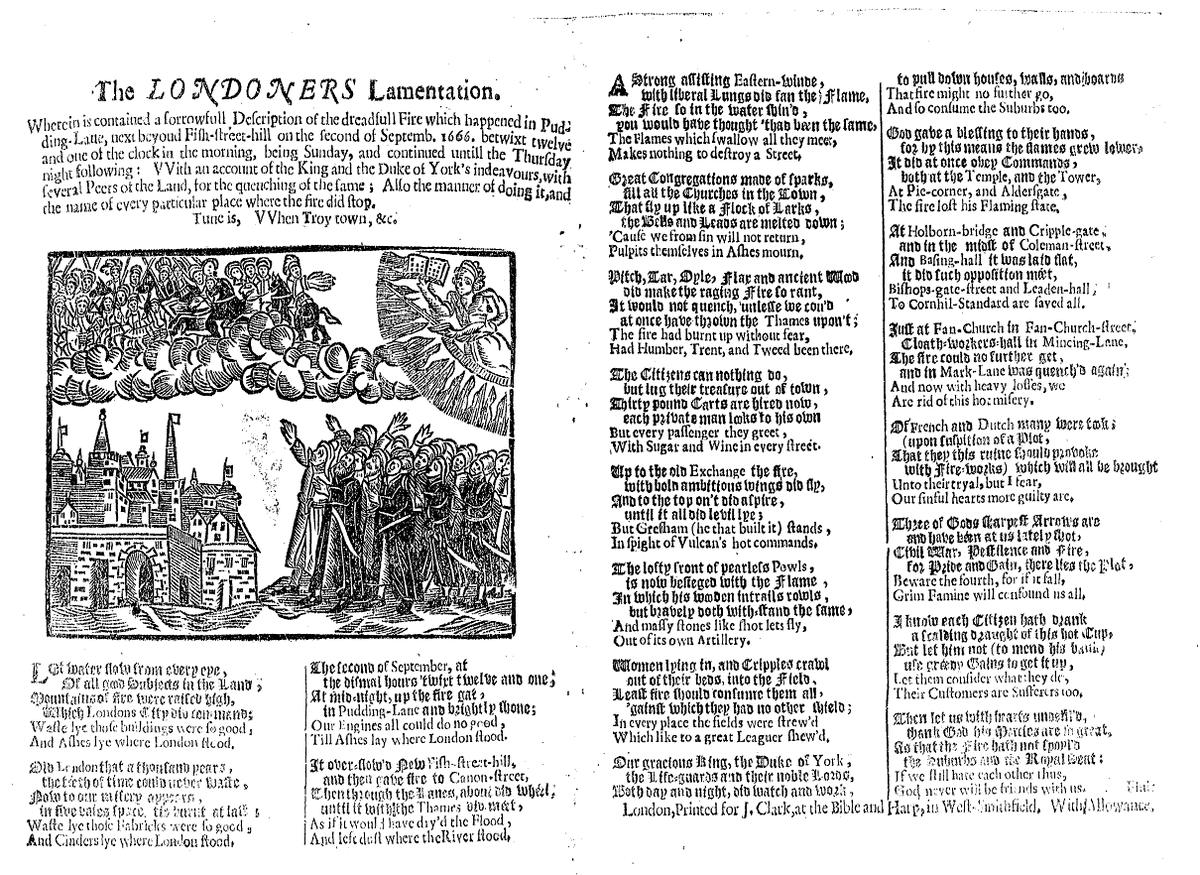«The LONDONERS Lamentation» (Лондонцы, оплакивающие Христа), произведение, изданное в 1666 году и рассказывающее о Великом пожаре и его последствиях. https://en.wikipedia.org/wiki/Great_Fire_of_London