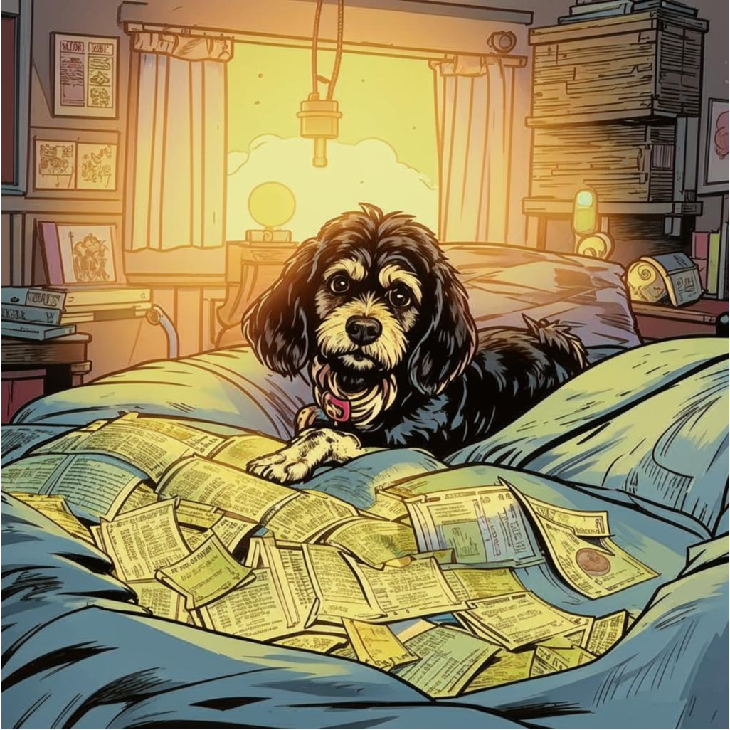 Изображение создано нейросетью Kandinsky , правообладатель ПАО Сбербанк© А собака выбрала кровать  и пыталась обнаружить на кровати клад.