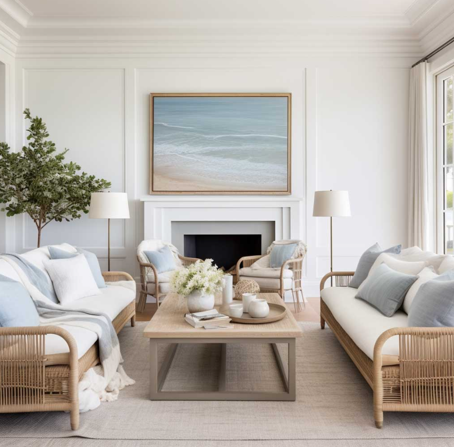 Гостиная в стиле Хэмптонс с использованием акцентов в нежно голубом цвете. 