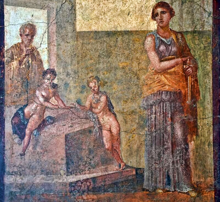 Фреска с изображением мифологической героини Медеи, непосредственно перед убийством ею своих детей, в Доме Диоскуров. / Национальный археологический музей Неаполя