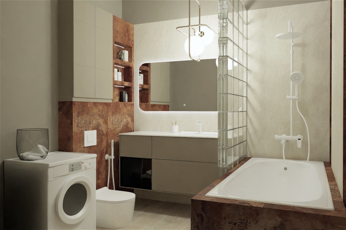 дизайн ванной комнаты с бежевыми стенами и акцентами из керамогранита под металл