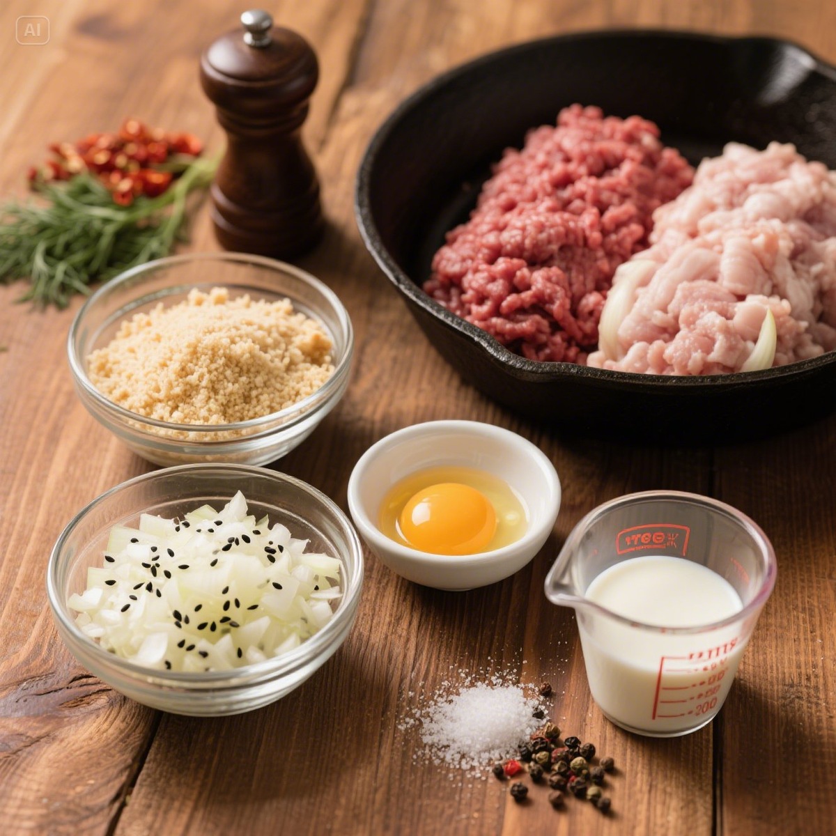 Говяжий фарш — 200 г

Свиной фарш — 100 г

Лук — 1 шт. (мелко нарезанный)

Панировочные сухари — 50 г

Яйцо — 1 шт.

Молоко — 50 мл

Соль, черный перец — по вкусу

Черный кунжут — 1 ч.л. (опционально)