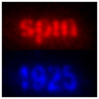 Изображения в спин-поляризованных электронах, полученные с помощью спинтрона. Надпись «spin» была создана путем спиновой селекции поляризованных электронов со спином «вверх», в то время как надпись «1925» была создана электронами со спином «вниз». Надпись посвящена 100-летию открытия спина электрона  📷
