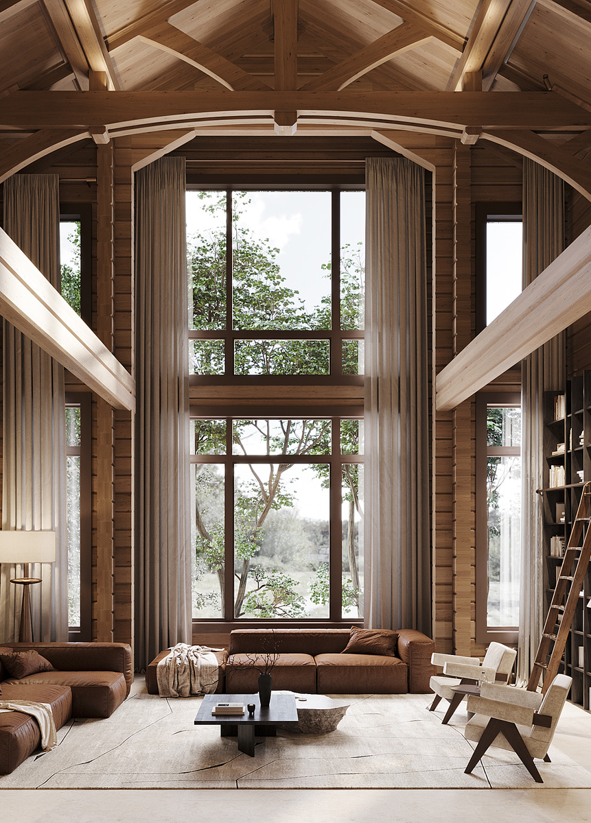 Гостиная в деревянном доме Риверхаус в два света с высотой потолков 8,2 метра