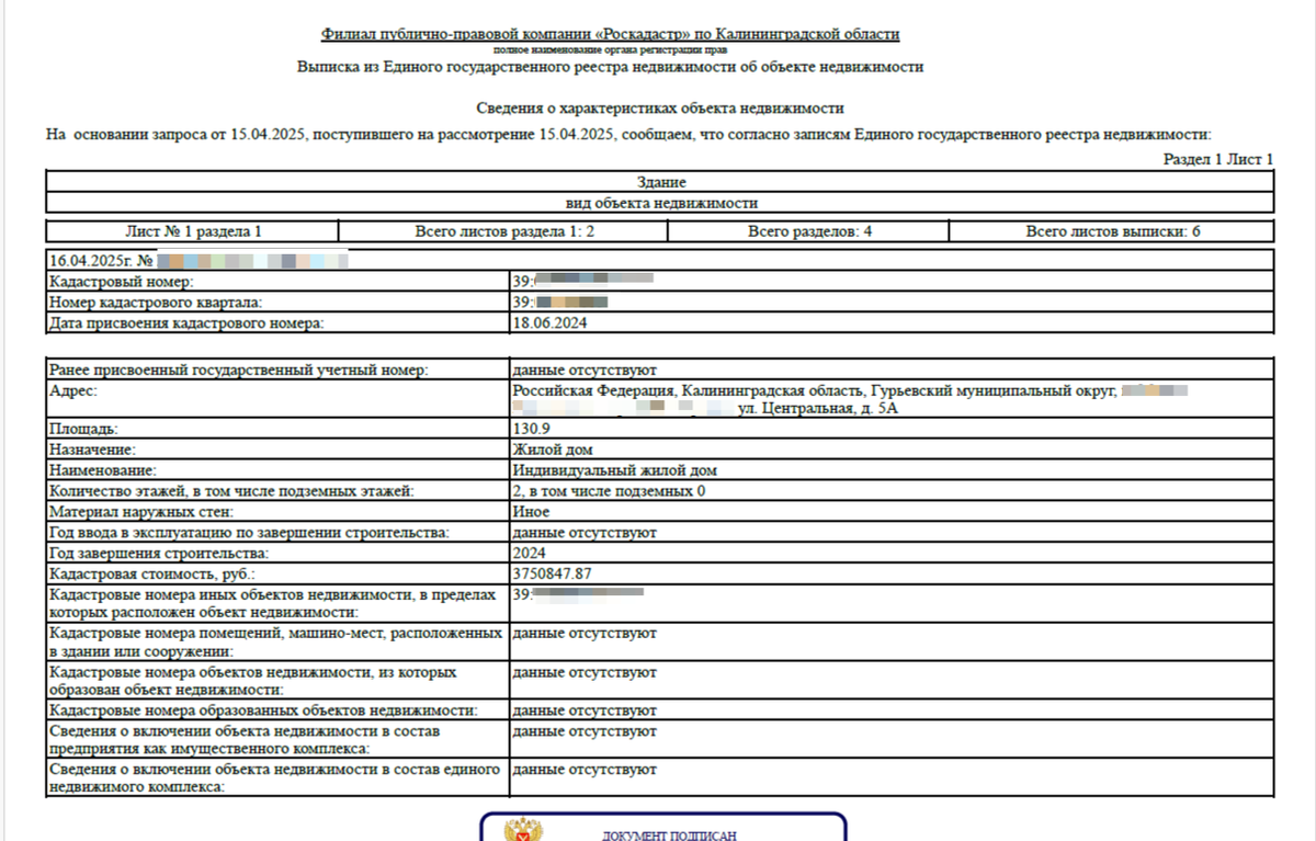 Пример 1 листа выписки из ЕГРН на дом с присвоенным адресом