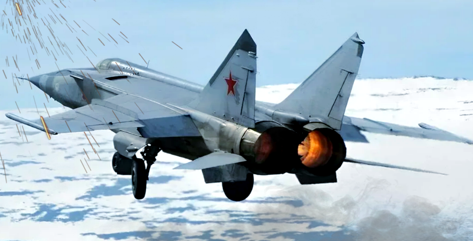 Самолёт МиГ-25 над заснеженной землёй