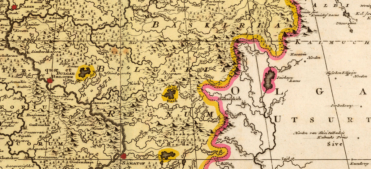 Булгарское Королевство на карте Gerardi et Leonardi Valk. Фрагмент. Голландия, Амстердам, 1705г. Кроме Центральной Булгарии на карте показана огромная Булгарская область на востоке. Калмыки и другие монголо-язычные (татаро-язычные), которые стали доминировать в том районе после распада Булгарской империи, не произносили звука "Б". Поэтому братья Валки так и зафиксировали страна "ОЛГАРИЯ"