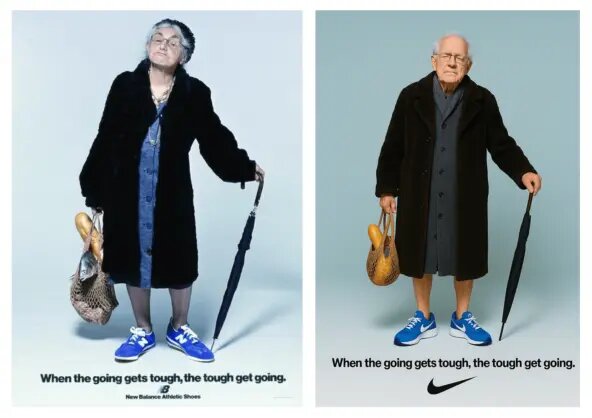 Просто попросил чат GPT скопировать постер New Balance для Nike и изменить бабулю на деда. 