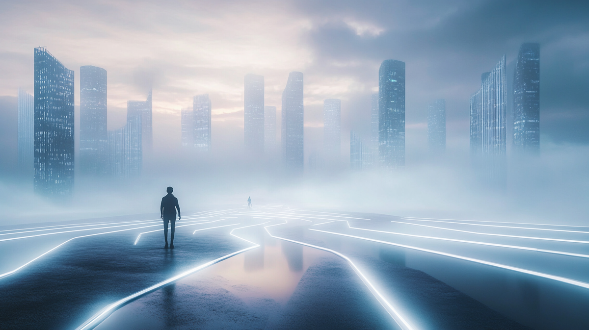 Создано в Midjourney по промту [A serene, futuristic city subtly shifting and morphing, abstract architecture obeying unseen algorithms, smooth ambient lighting, soft fog, a lone human figure watching as paths rearrange in front of them, concept of adaptive AI world, mysterious and beautiful, high-detail, cinematic]