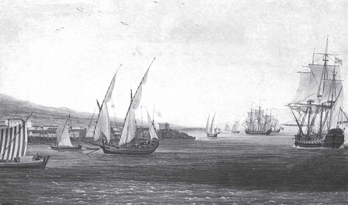 Русская эскадра на Средиземном море во время 1-й Архипелагской экспедиции. Фрагмент картины Ф. Хаккерта, написанной в 1778 году по заказу Екатерины II
(Bartlett W.H., Carne J. Syria, the Holy Land, Asia Minor, Etc. Illustrated, III. — London, 1838)