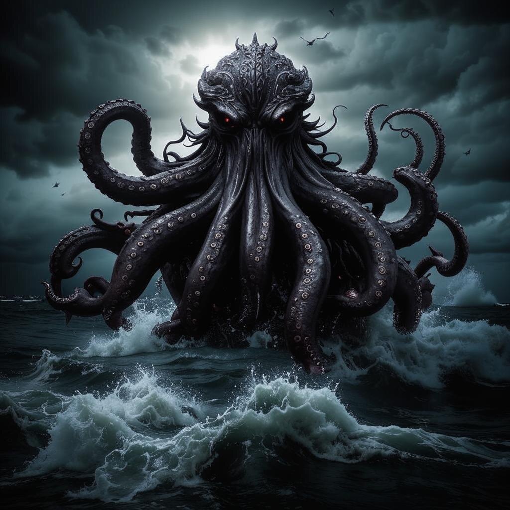  Кракен — гигантское морское чудовище из скандинавской мифологии, символизирующее страх перед неизвестным и необъяснимым.