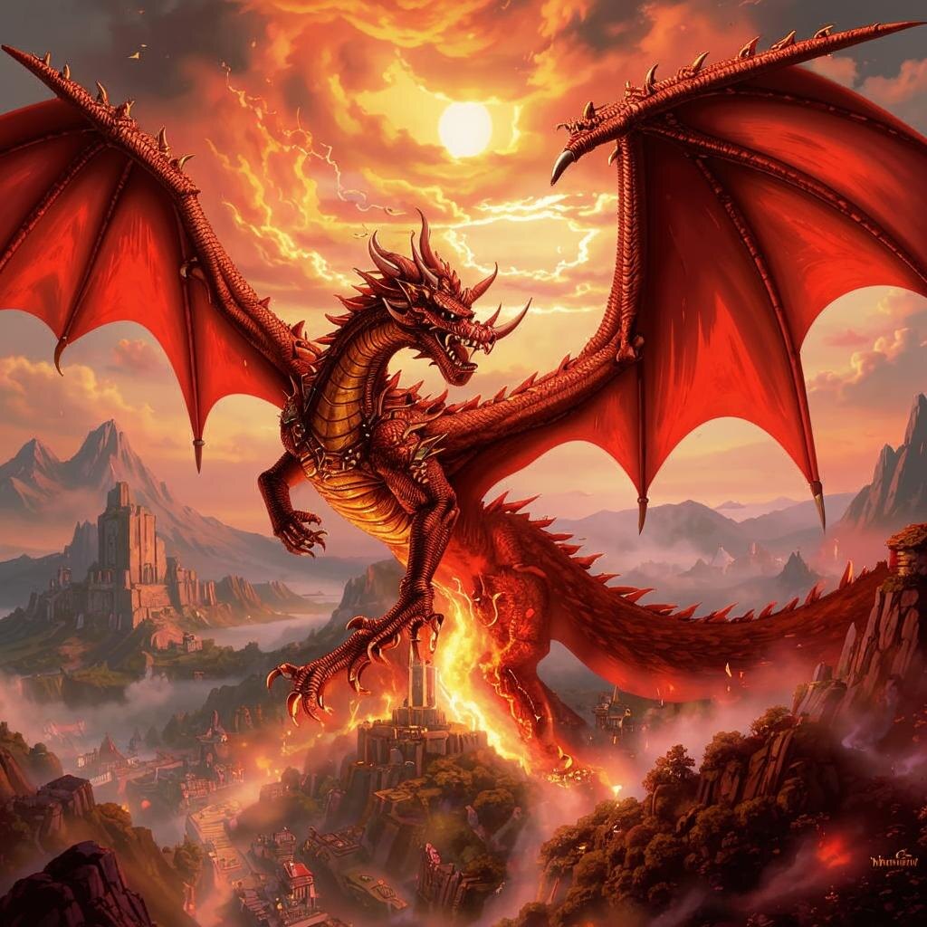 Дракон — мифическое существо с огненным дыханием, чешуей и крыльями.