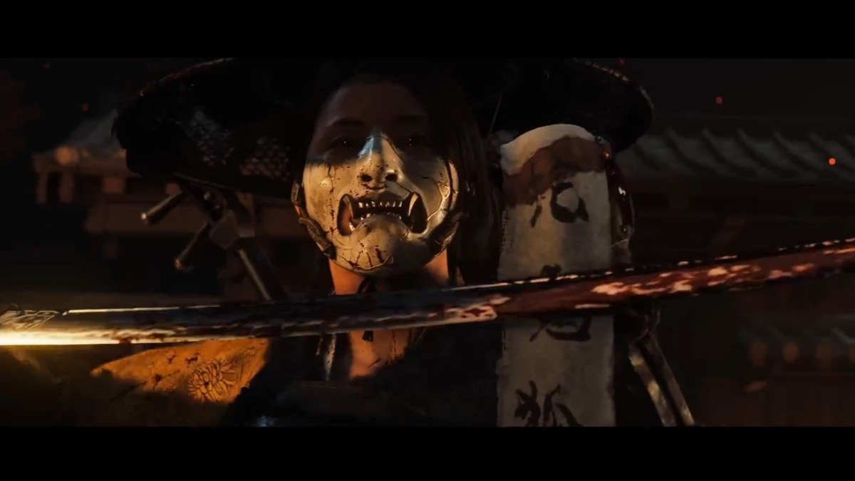 Ацу в маске мэмпо. Ghost of Yotei (скриншот из трейлера игры)