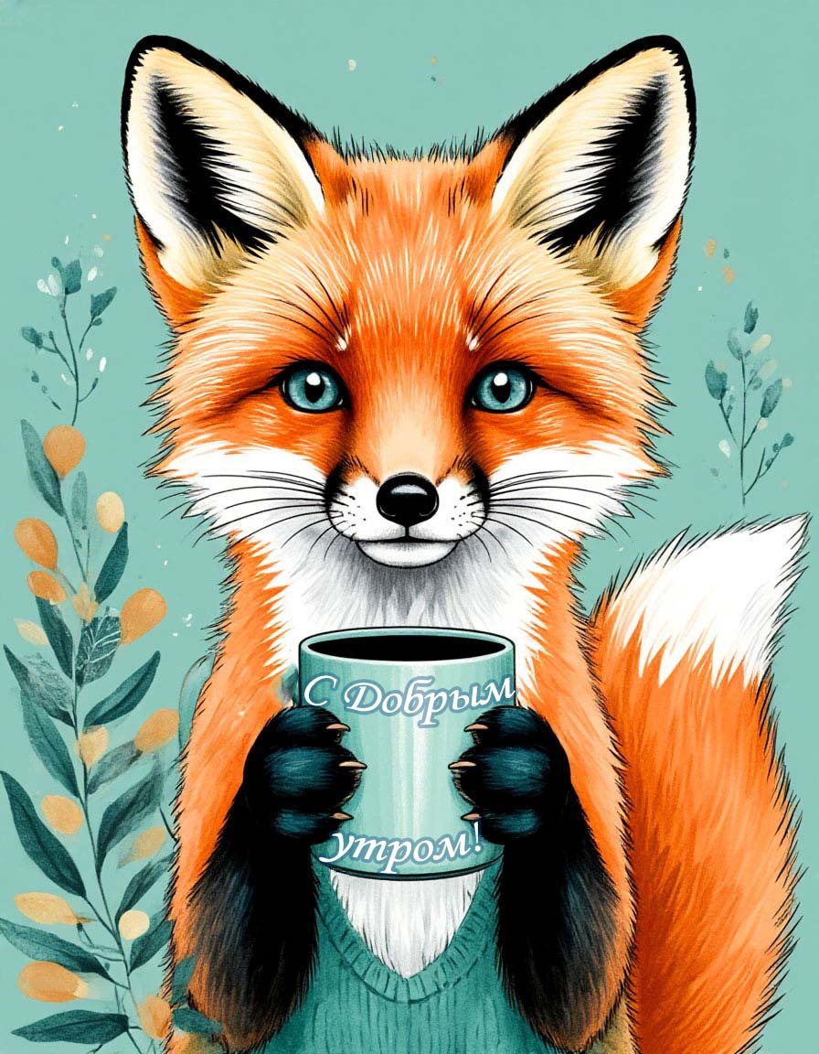 Открытка «С добрым утром, Лисёнок» — изображение создано с помощью нейросети и оформлено в графическом редакторе.