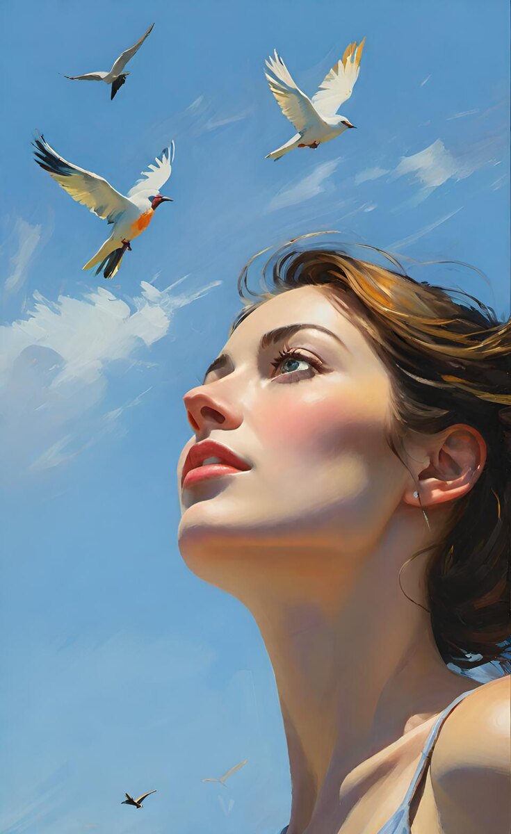 Синь, птицы, апрель. Иллюстрация создана с помощью нейросетей Flux Schnell и DreamAI и программы Photoshop.