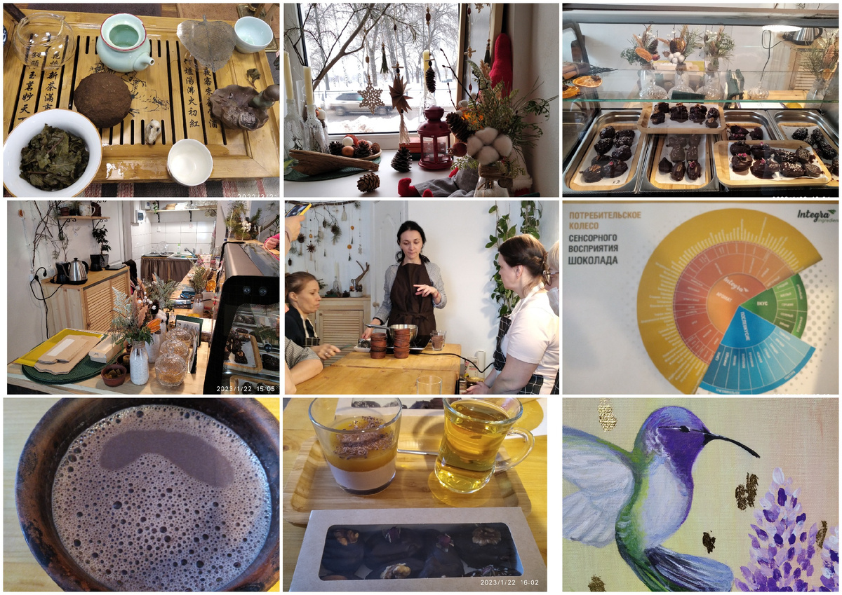 Обстановка в кафе "Колибри", хозяйка Татьяна проводит мастер-класс, какао, гречишный чай (фотографии и коллаж мои)