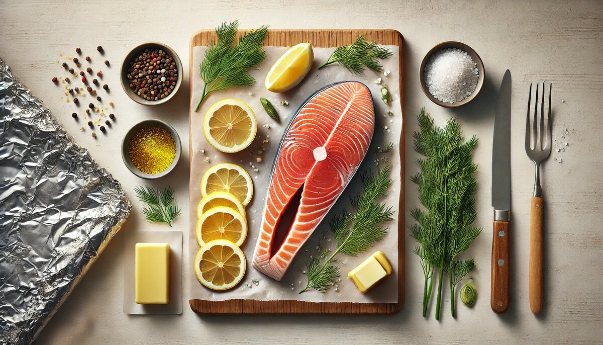 Рыба в духовке - подготовка ингредиентов: лосось, лимон, укроп, масло, специи и фольга