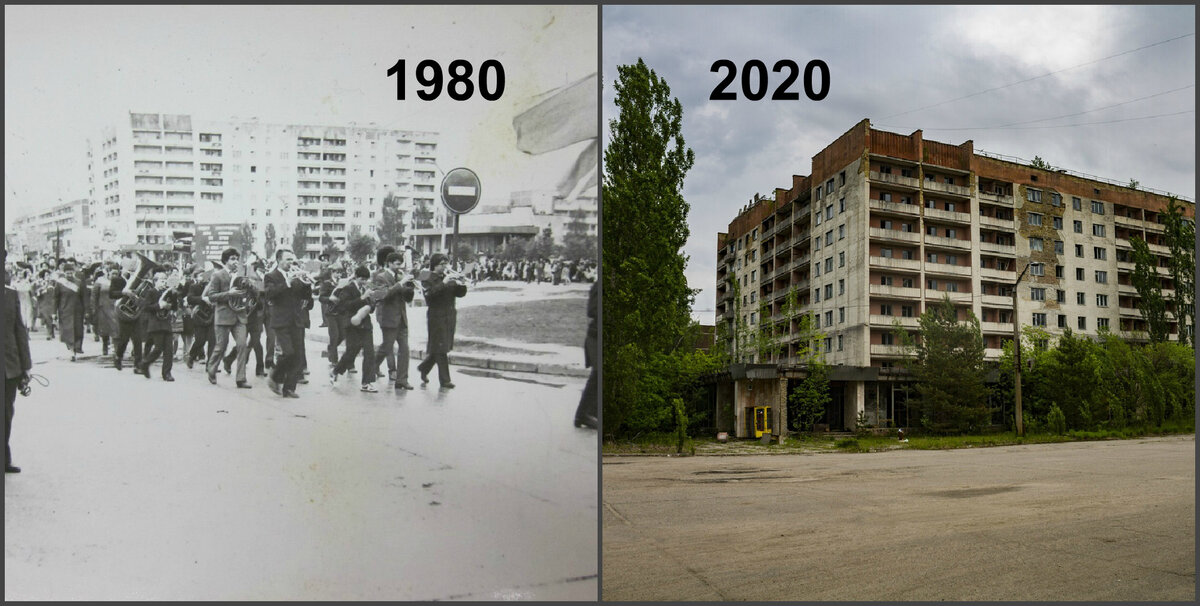Фото из яндекс картинки. Город Припять. До и после Чернобыльской аварии