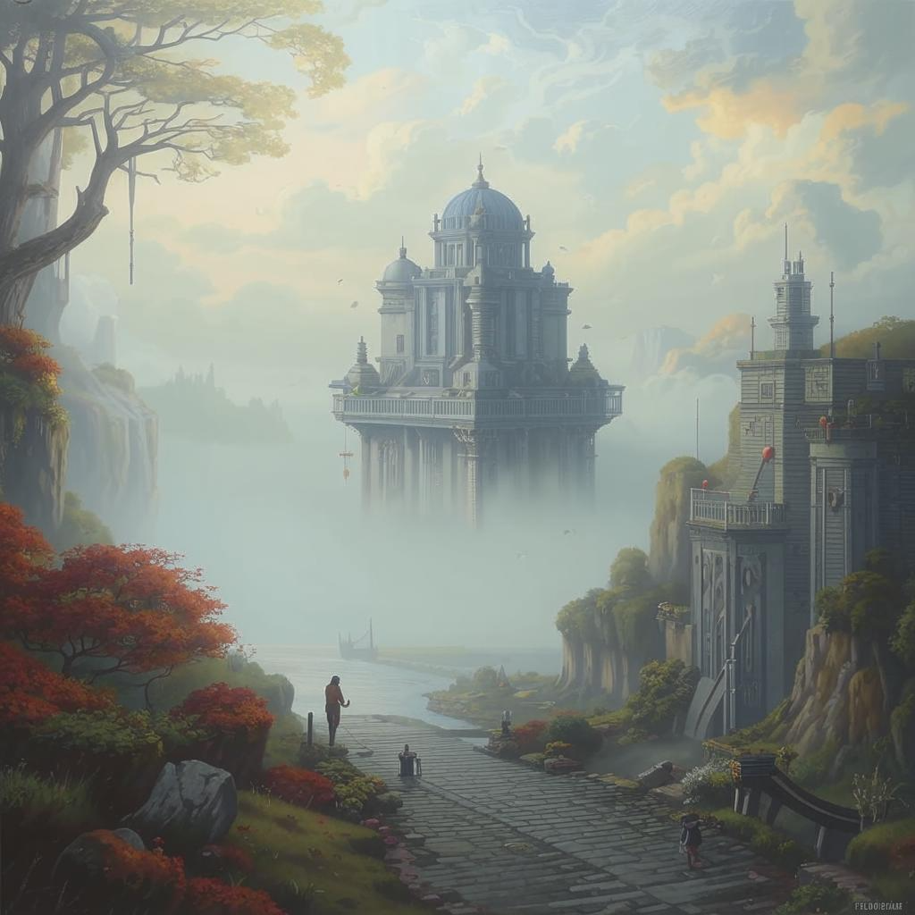 Картины загадочных мест: живописные виды таинственных ландшафтов, неясных горизонтов и архитектурных конструкций, создающие атмосферу таинственности и тайны.