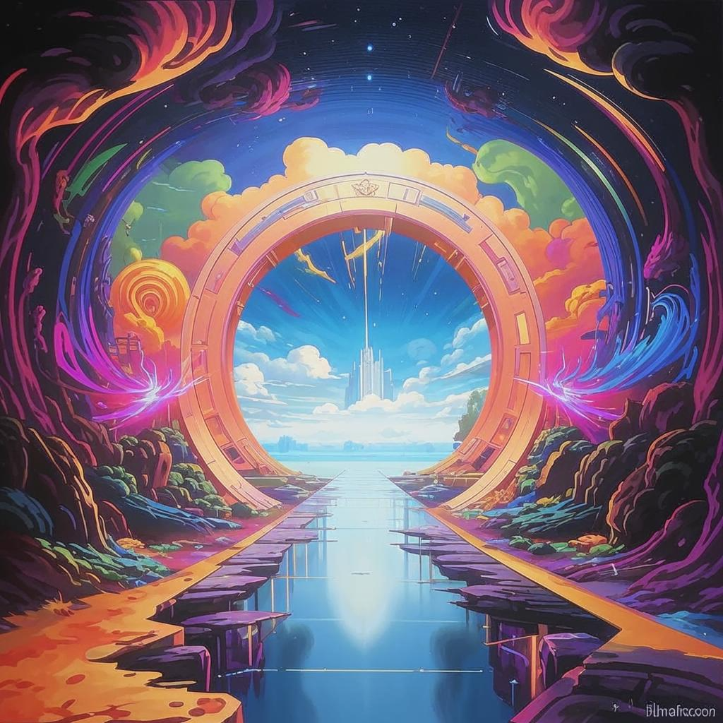 Графическое изображение пространственно-временного портала: визуализация пространственно-временного разрыва, где открывается дверной проем, ведущий в неизвестное измерение.