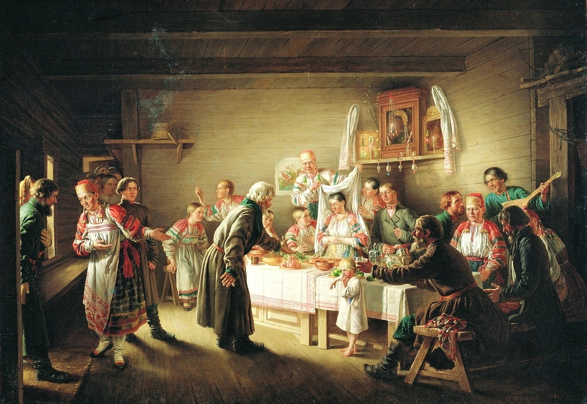 Н. Петров "Смотрины невесты". Джон Флетчер тоже отмечает, что первыми невесту видели родственницы жениха. 