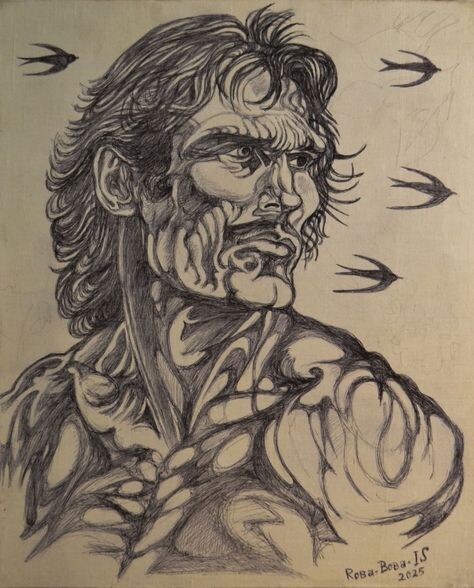 Графическая работа черной ручкой на холсте. "Молодой". Художник Roba*Boba*IS