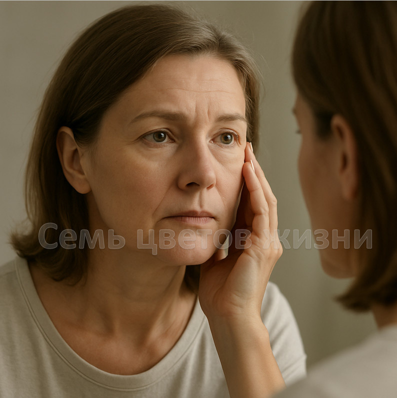 Задумчивая женщина перед зеркалом: первые признаки старения кожи" Зеркало может многое рассказать  нам о нас.