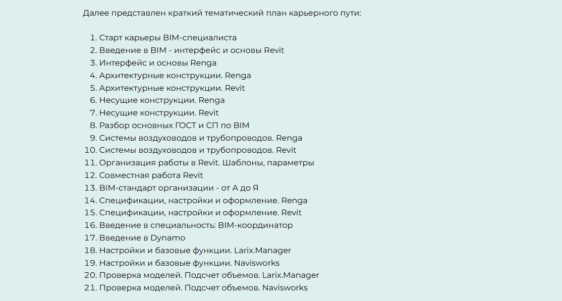 Пример 2 – карьерный путь «BIM-координатор 2.0» (примечание: "Старт карьеры BIM-специалиста вообще является бесплатным модулем)