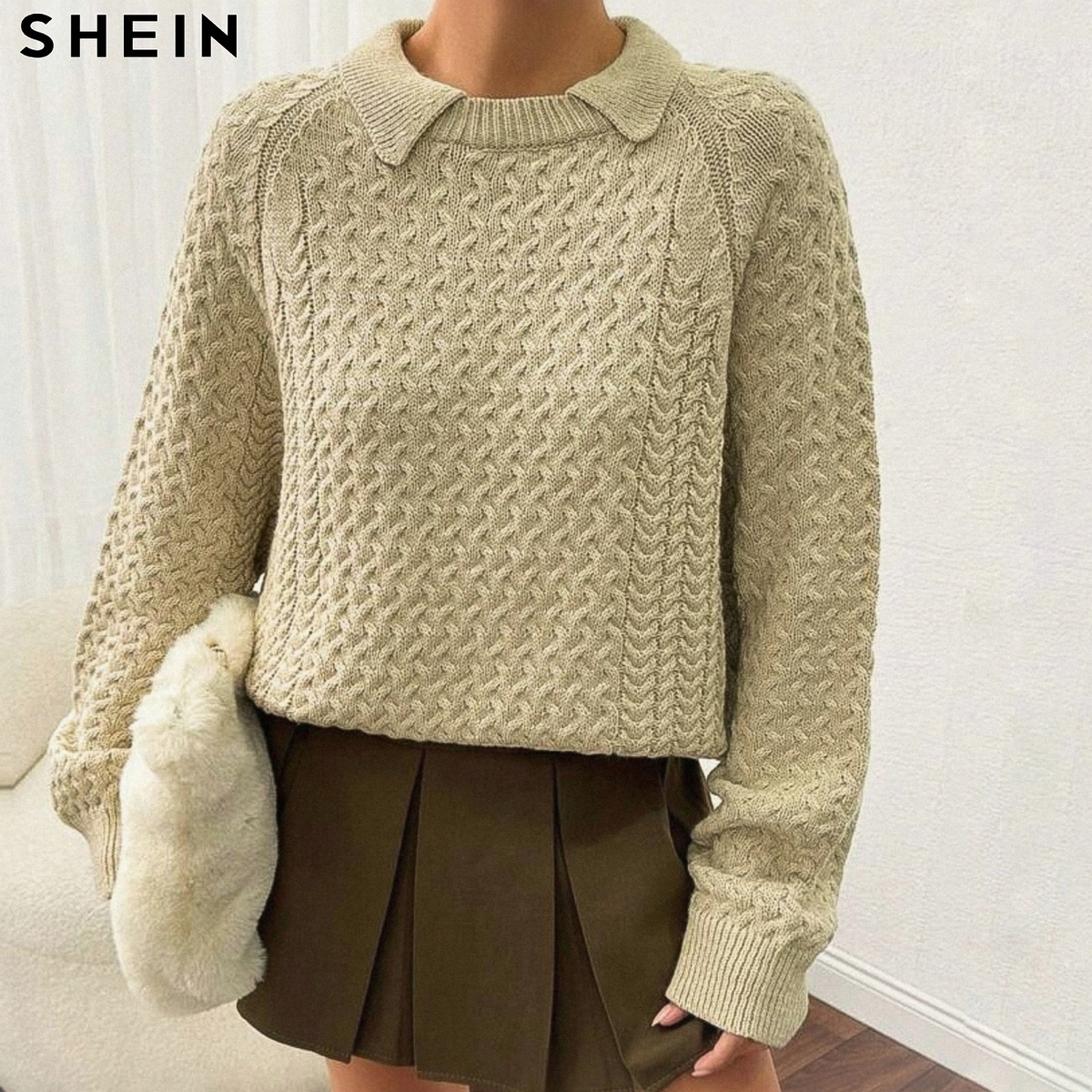 Джемпер с рельефной вязкой и воротничком в рубашечном стиле