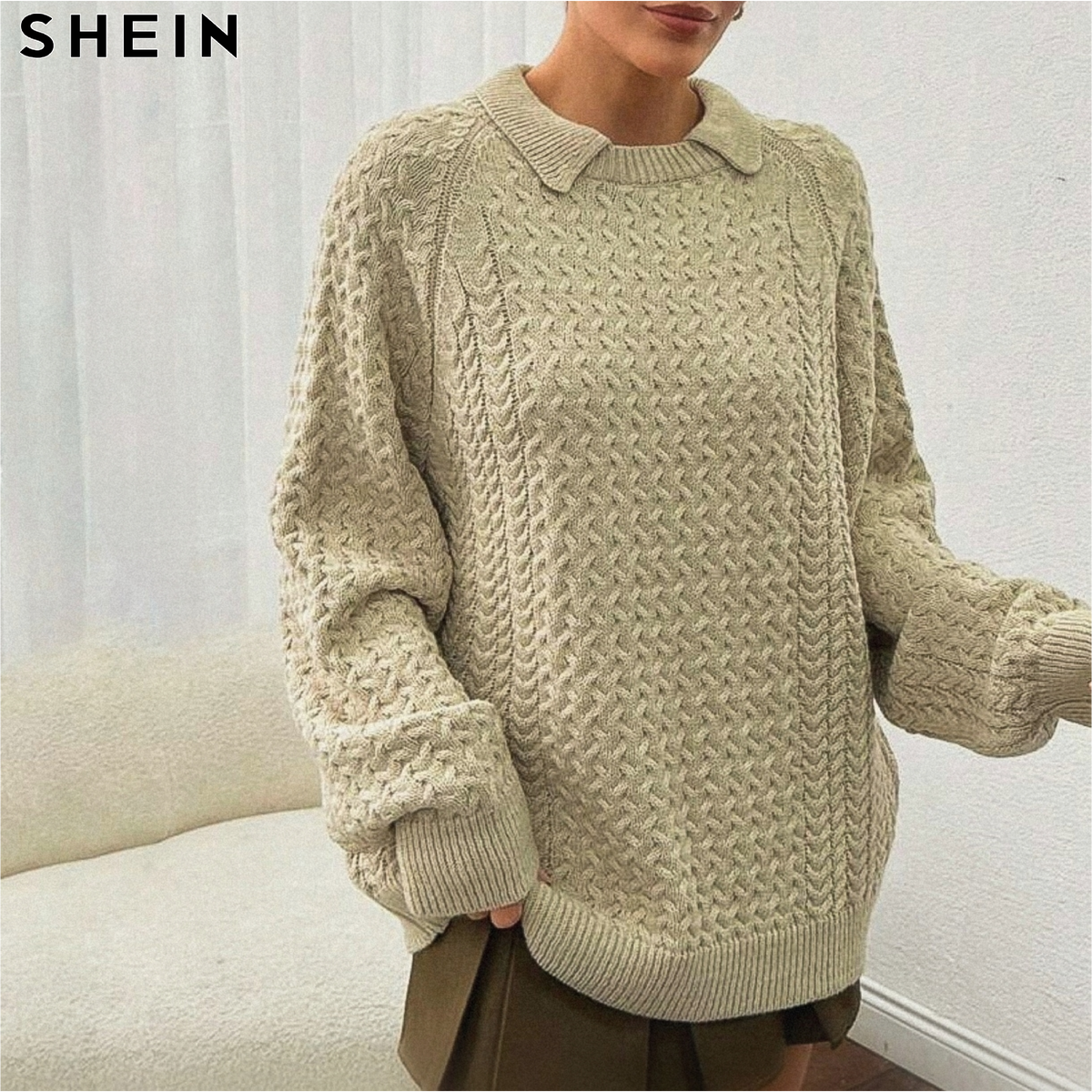 Джемпер с рельефной вязкой и воротничком в рубашечном стиле