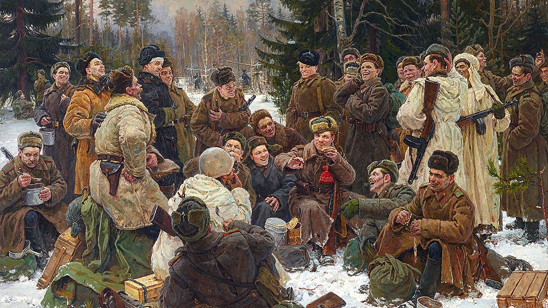 Непринцев Юрий Михайлович, «Отдых после боя», 1955, холст, масло, 192 × 300 см, Государственная Третьяковская галерея, Москва