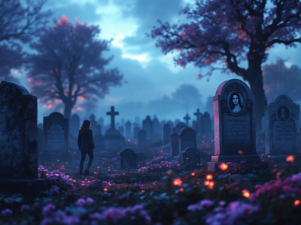    К чему такое снится: На картине изображен человек, гуляющий среди могил на кладбище. Он остановился перед открытой пустой могилой, на которой стоит надгробие с портретом незнакомой женщи